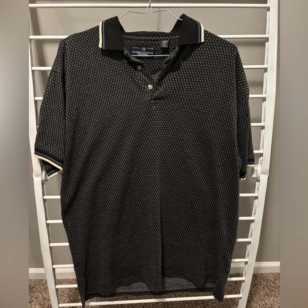 Vintage International Waters Textured Knit Polo Shirt Men’s L Black Geometric
